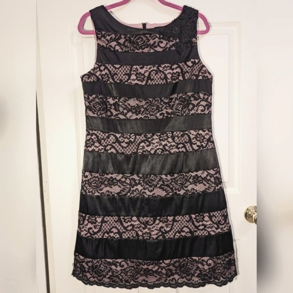 Alex Evenings black and pink lace and satin dress size petite 14